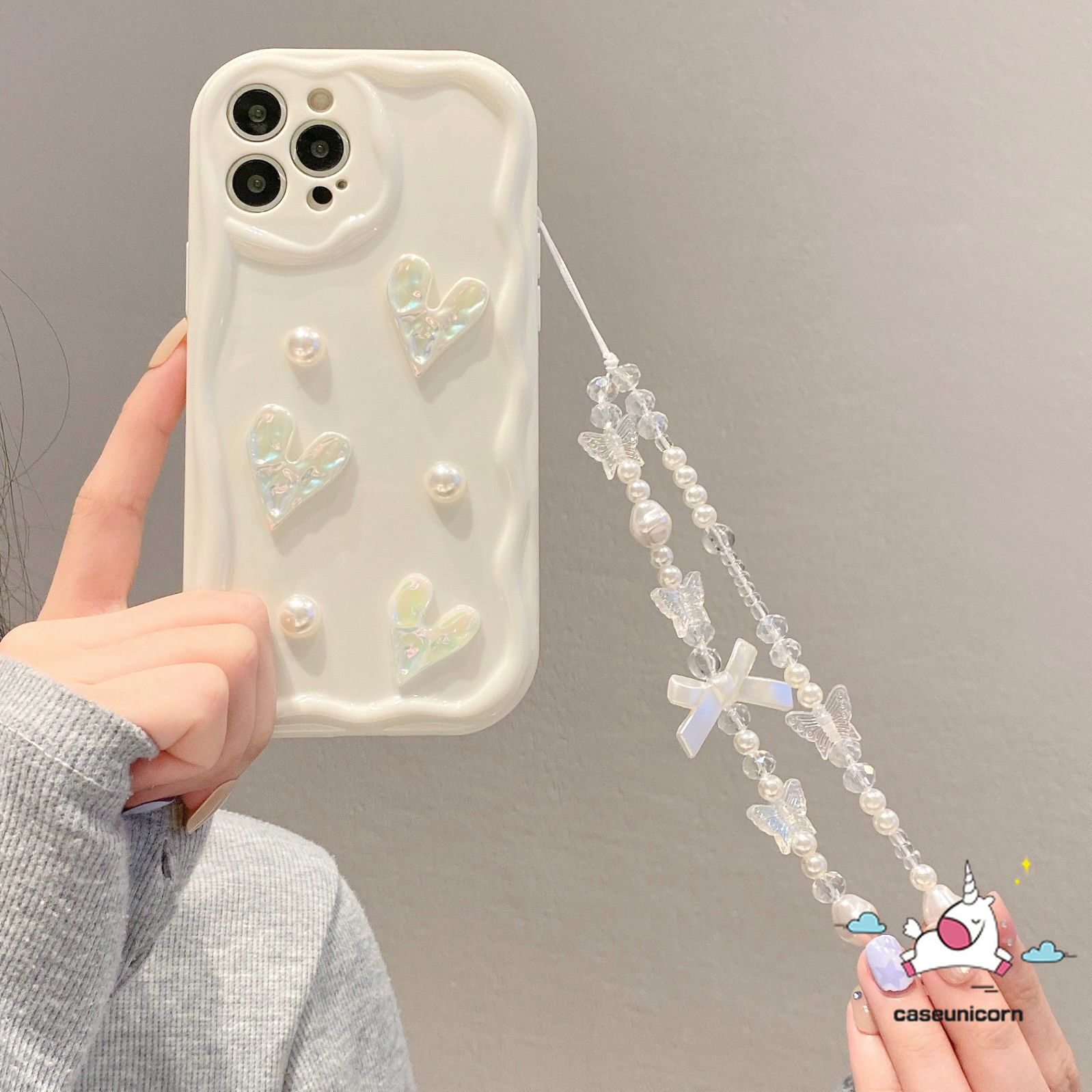 Luxury Romantic 3D Pearl Love Heart Electroplate Case Compatible for IPhone Air 17 16 7plus 8plus XR X 11 13 14 12 Pro Max 7 8 14 Plus XS MAX Simple Solid Color Plating Shockproof Soft Cover With Bracelet