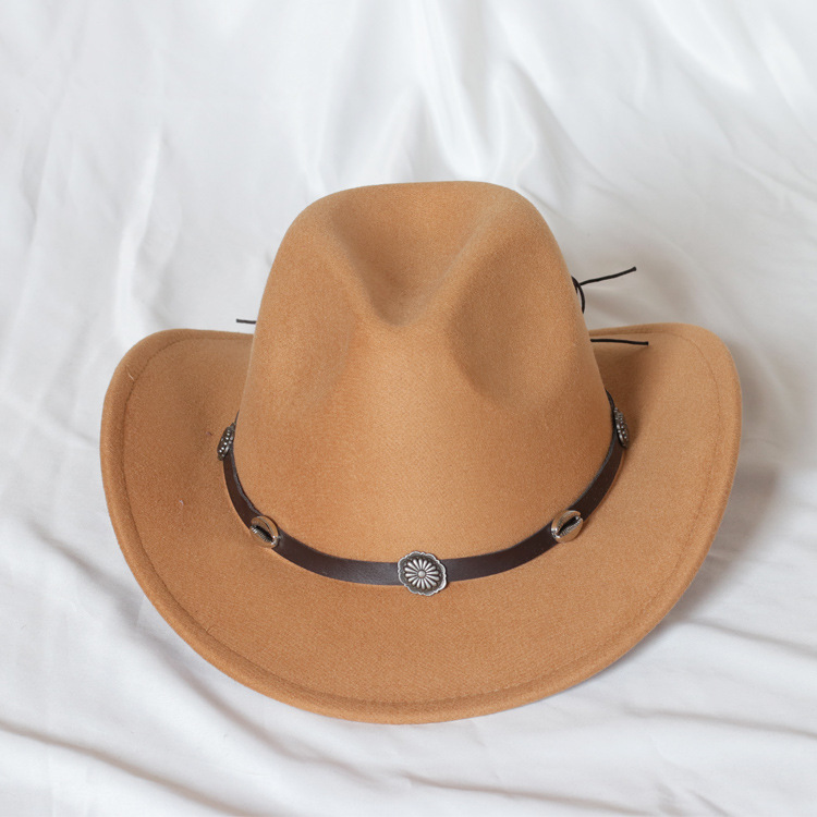 Cross-border hot-selling hats, autumn and winter woolen large-brimmed top hats, metal shells, belts, cowboy hats, western travel hats