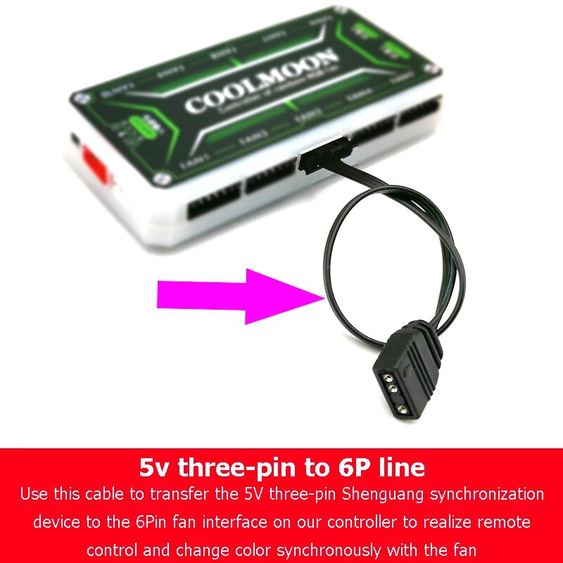 COOLMOON 4Pin/6Pin to 5V ARGB 3Pin Fan Controller Adapter Cable Cord Office Caring Computer Supplies For Coolmoon Cool Moon Fans. 