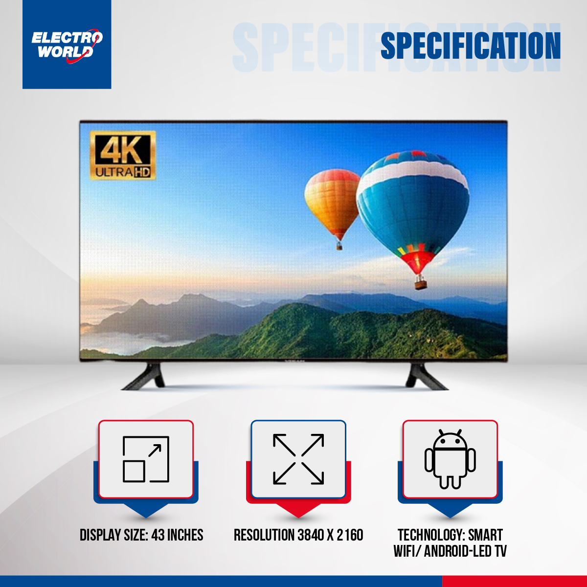 Vikan 43'' 4K UHD TV Android Smart Television With Wi-Fi Voice Control 4k UHD Led Tv Ram 2 GB Rom 16 GB. 