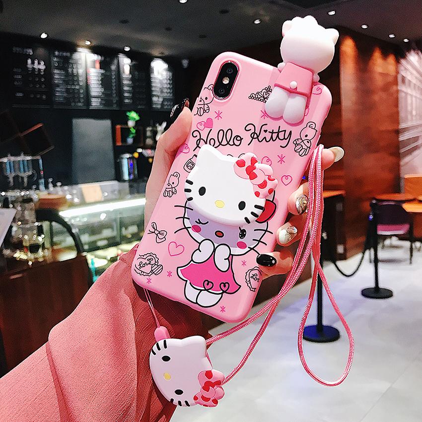 Hello Kitty Silicone Phone Case for OPPO F11 F11pro A37 A39 A57 A59 F1S A73 F5 A77 F3 A79 A83 Case Cute Carton Case with Holder Stand Lanyard Mobile Case TPU Soft Case. 
