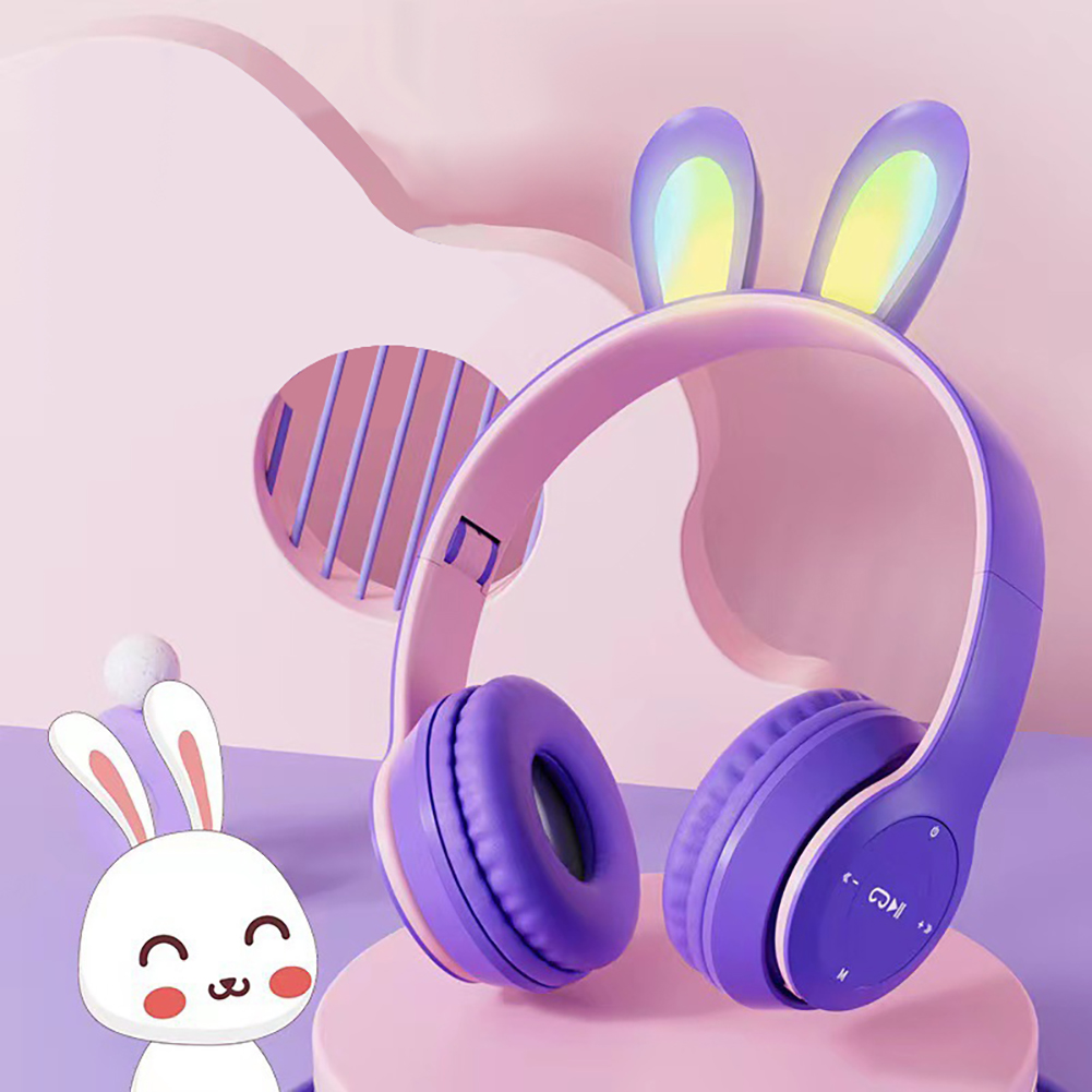 Wireless Headset Stereo Headphones RGB Lighting Rabbit Ears Noise Canceling Earphones For Game Office Zoom Meeting. 