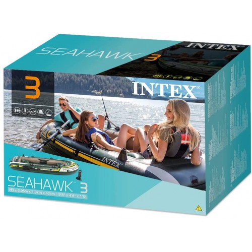 Intex Seahawk 3, 3-Person Inflatable Boat Set with Aluminium Oars and High Output Air Pump (Latest Model). 