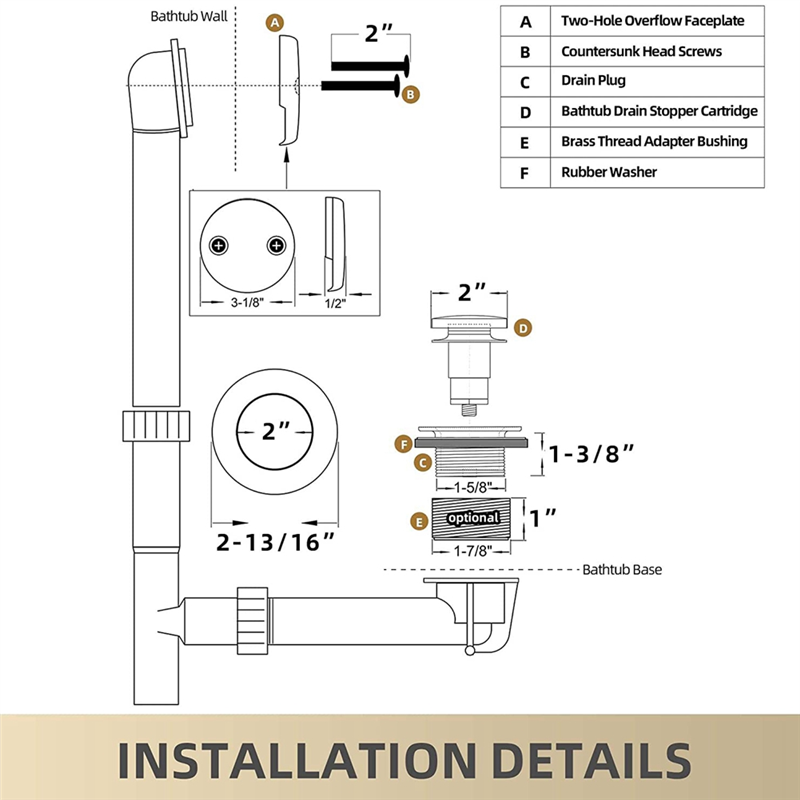 1Set Bathtub Drain Gold Tip Toe Bath Tub Drain Kit with Two-Hole Overflow Faceplate Bath Tub Drain Set Stainless Steel + Copper Brushed Gold. 