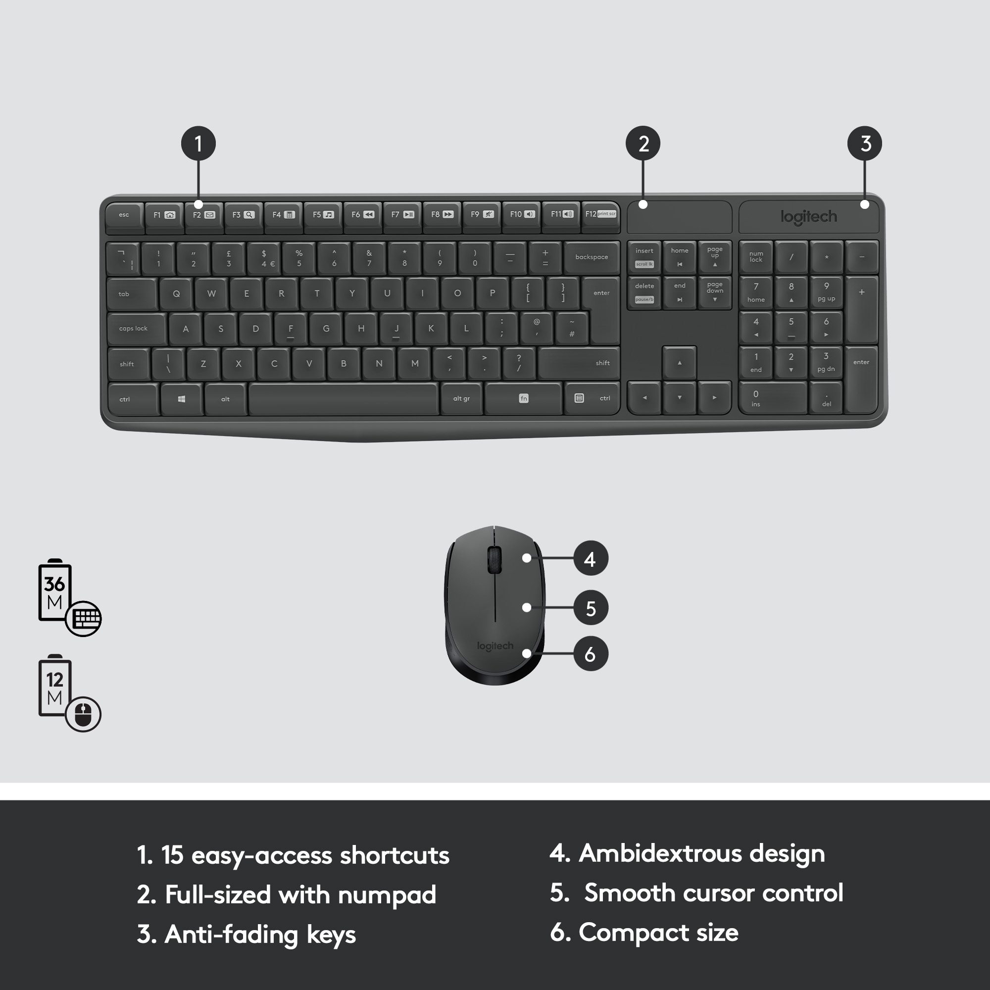 Logitech MK235 Wireless Keyboard and Mouse Combo for Windows, 2.4 GHz Wireless Unifying USB Receiver, 15 FN Keys, Long Battery Life, Compatible with PC, Laptop. 