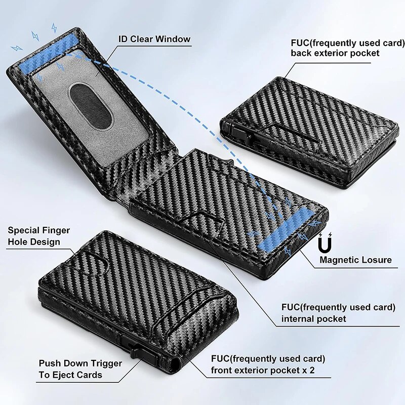 Men-Slim Minimalist Smart Wallet RFID Blocking Pop Up Wallet Credit Card Holder Bifold Carbon Fiber Wallet. 