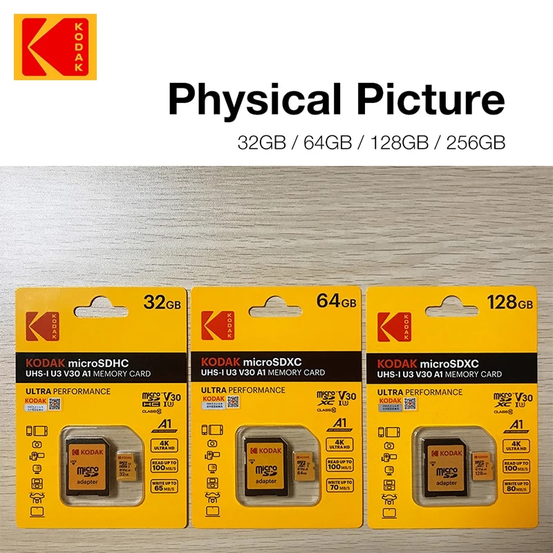 KODAK 64G Ultra Memory Card 64GB A1 U3 4K Micro SD SDHC Microsd UHS-I C10 TF Performance Flash Original Minisd with Adapter. 
