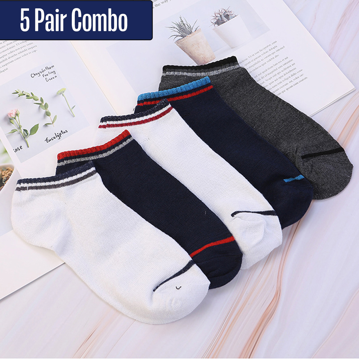 Cotton And Nylon Ankle Socks 5 Pairs For Men - Cycle Random Colors