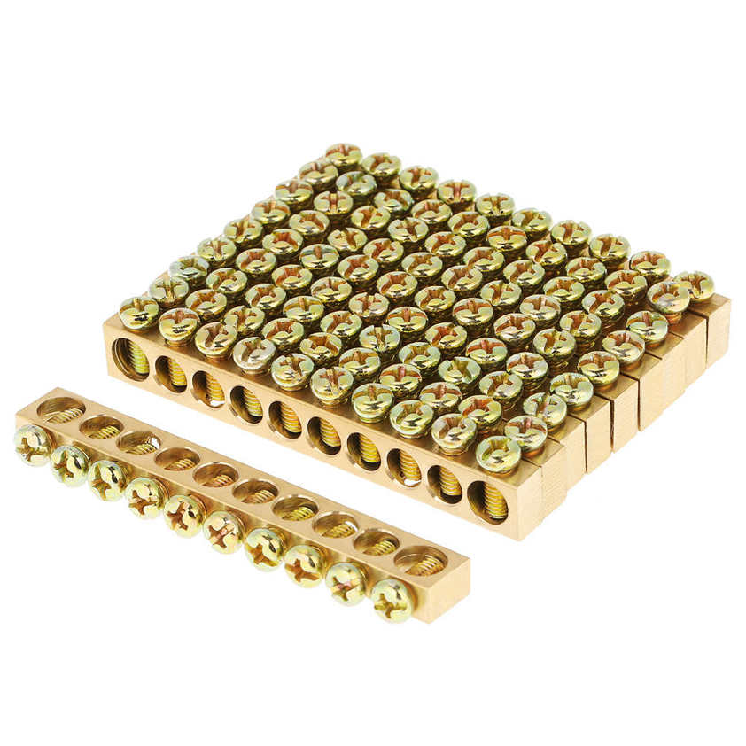 Neutral Bar 10pcs 10-Hole Electrical Distribution Wire Screw Terminal Brass Ground. 