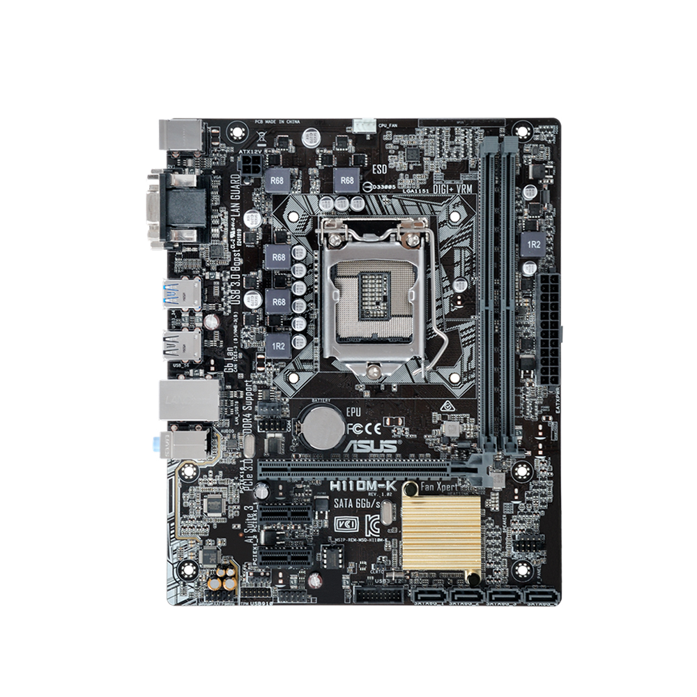 ASUS H110M‐K micro ATX Motherboard Great-value micro-ATX H110 with 5X Protection II for dependable stability, LED-illuminated audio shielding and DDR4 support. 