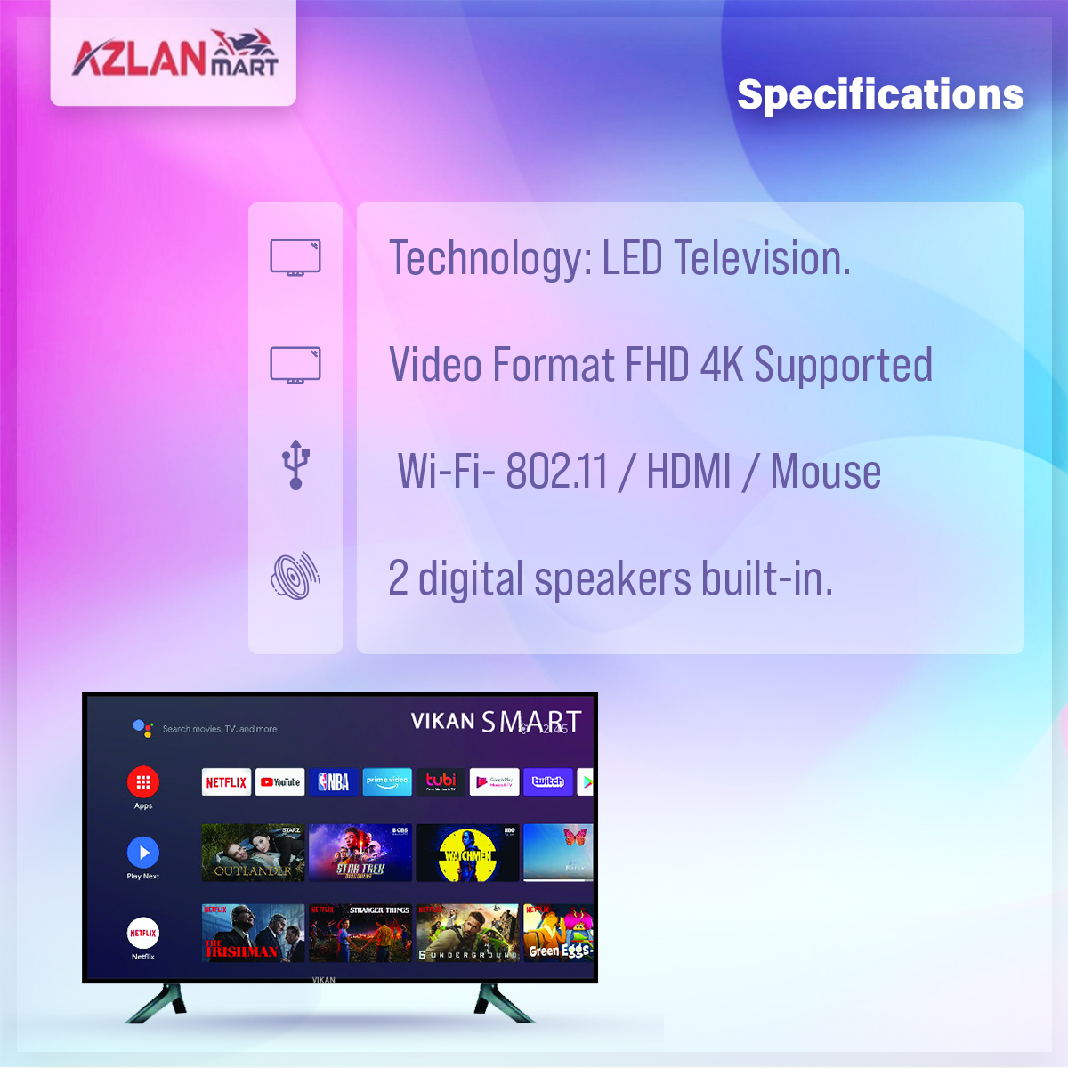 Vikan 43'' 4K Supported Android Smart Wi-Fi Television Hd Led Tv 4k Supported Ram 2 gb Rom 16 gb. 