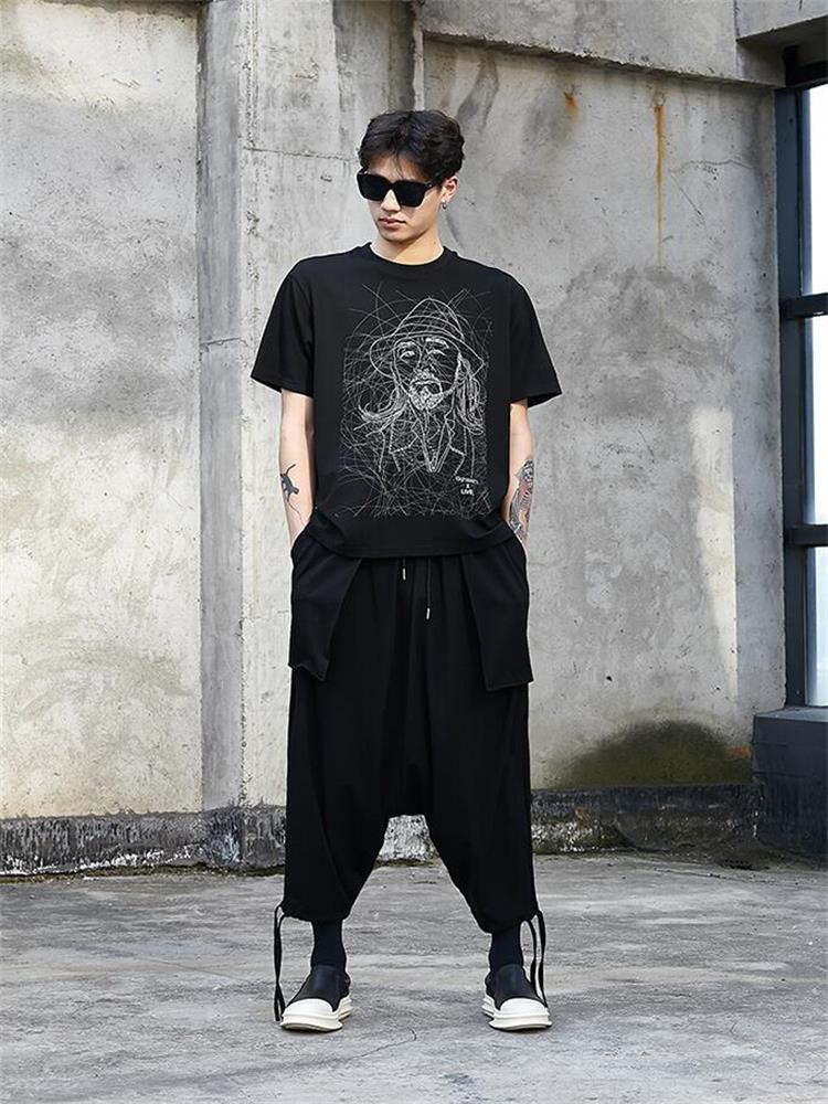 Men Drop Crotch Pants Autumn New Yamamoto Leg Pull Rope Design Loose Leisure Large Size Men Nine Minutes Pants. 