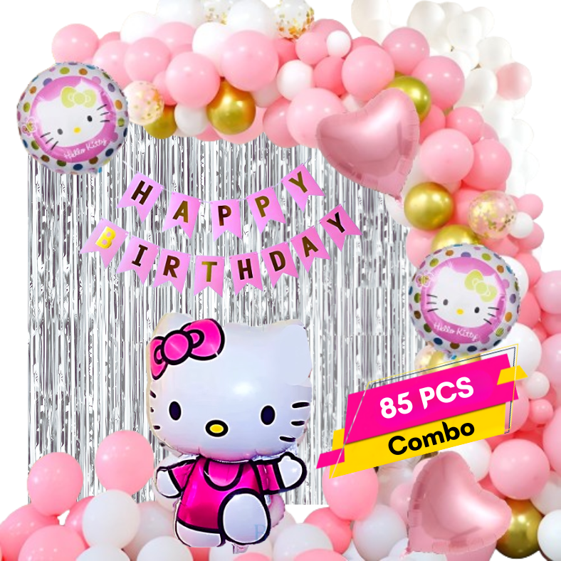 Hello Kitty Birthday Decoration Pack: Includes Banner, Foil Backdrop Curtain, HQ Balloons, Confetti, Balloon Arch, Both Site Tape - Complete Party Set - (85 Pcs)