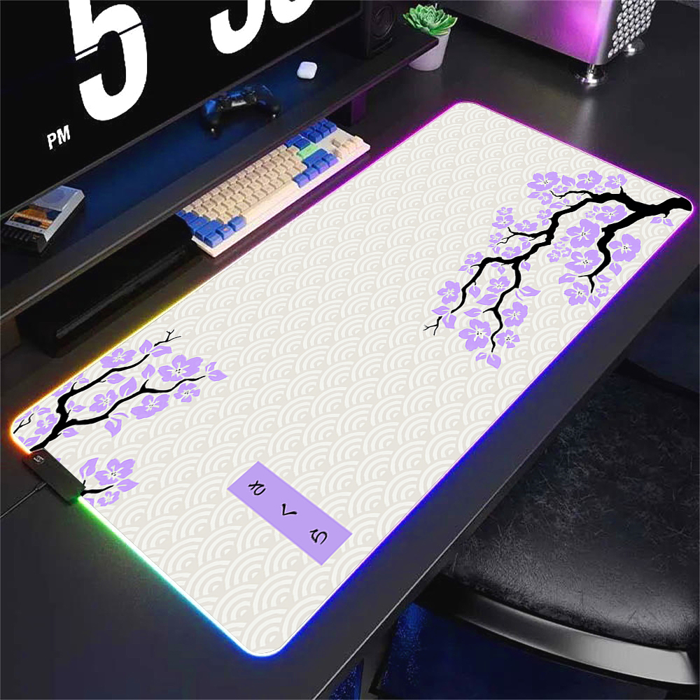 Green and White Sakura Rgb Mouse Pad Gaming Setup Accessories Computer Mat 90x40 Pc Gamer Keyboard Extended Backlight Mouse Mats. 