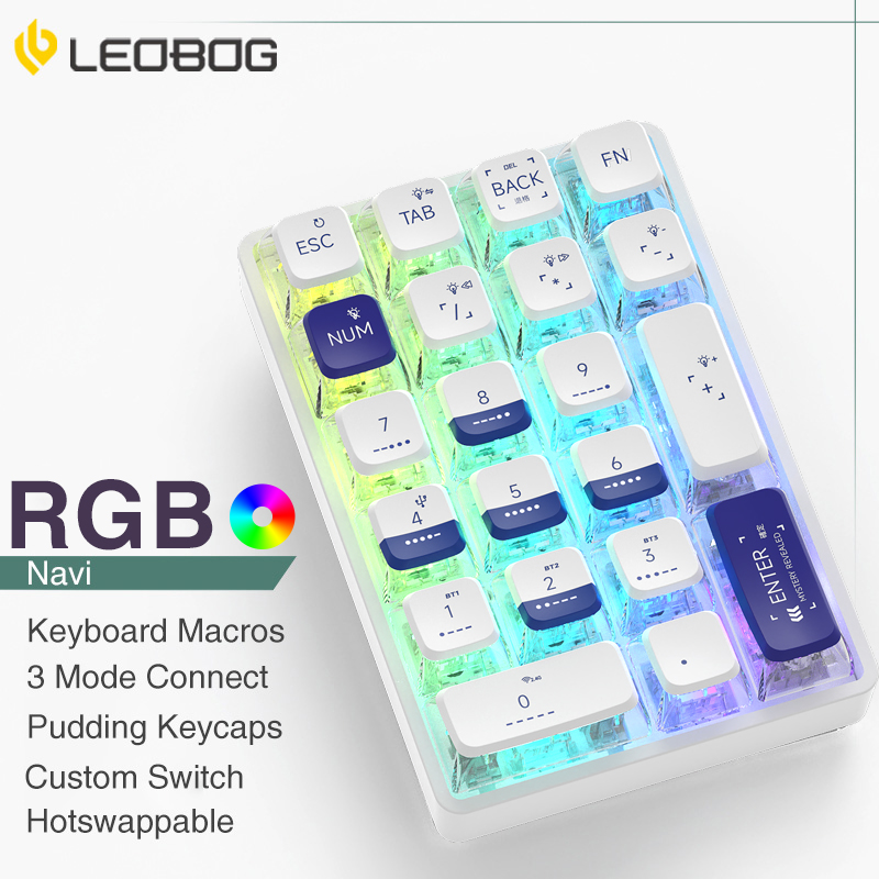 LEOBOG K21 Number Pad Bluetooth Mechanical Numeric Keyboard RGB 21Keys Transparent Photoshop Accounting Numpad Gaming Keyboard. 