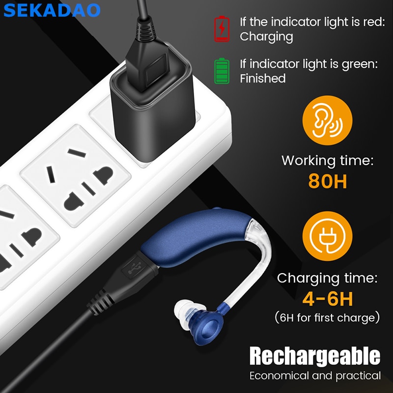 Mini Rechargeable Hearing Aid Digital BTE Hearing Aids Adjustable Tone Sound Amplifier Portable Deaf Elderly digital Hearing Aid  blue. 