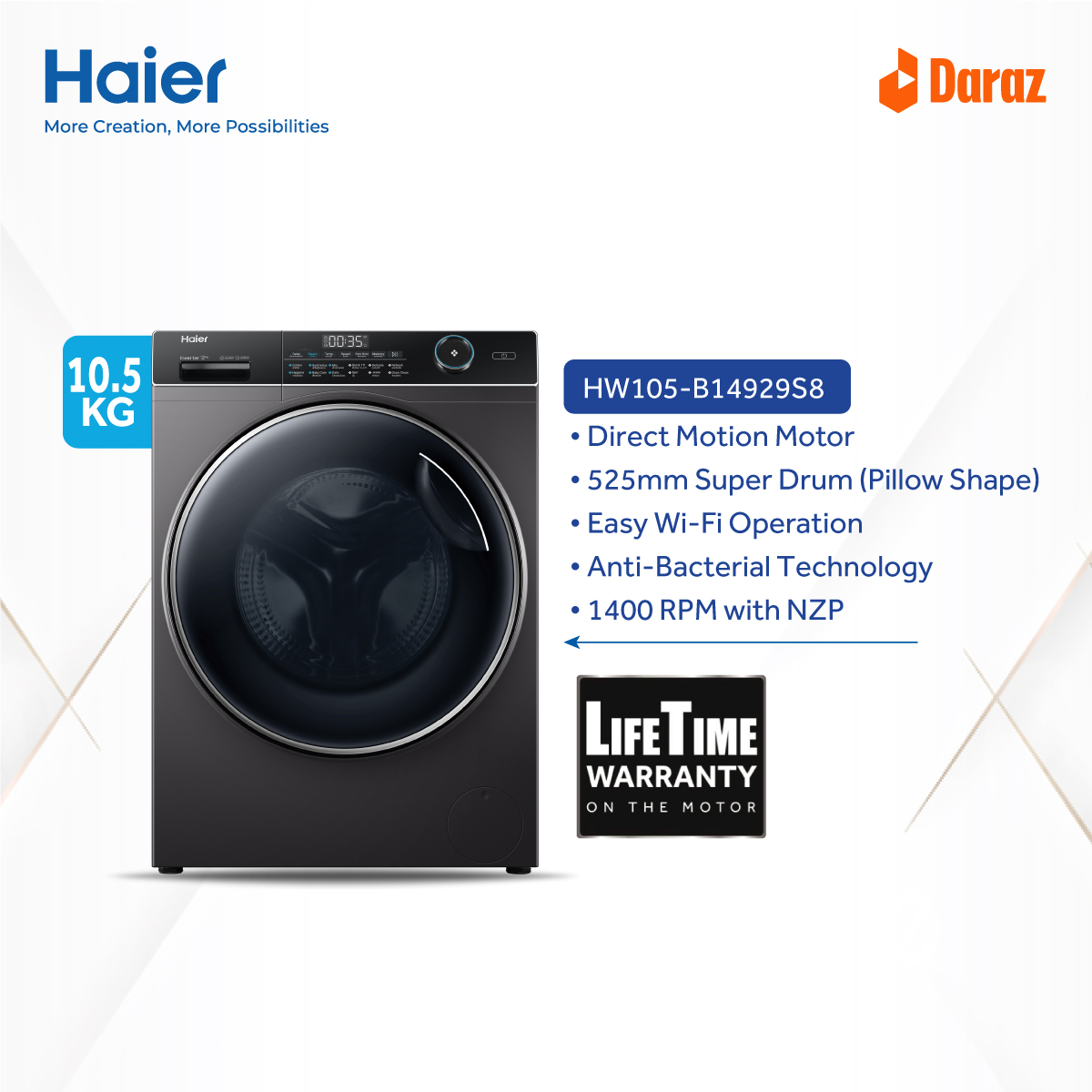 Haier 10.5 KG Front Loading Washing Machine/525 drum/steam wash/DD motor/wifi (HW105-B14959S8U1). 
