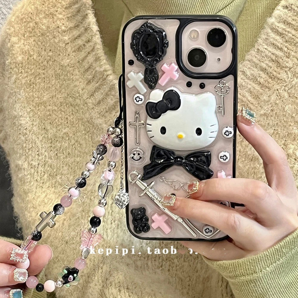 【Emotion HENG】Sanrio 3D Hello Kitty with bracelet clear phone case for iPhone 15 14 13 12 11 pro Max 15pro anti-fall back cover Y2K girl gift. 
