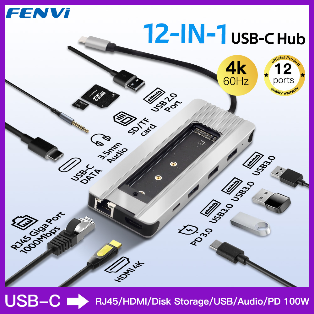 FENVI 12 in 1 Type-C Hub Docking Station M.2 SSD Enclosure Function SD TF Card PD 100W with HDMI 4K 1000M Ethernet For Mac iPad