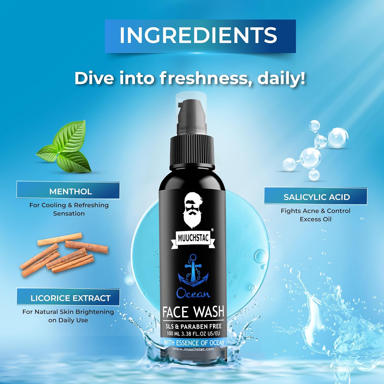 Muuchstac Ocean Face Wash for Men | Fight Acne & Pimples, Brighten Skin, Clears Dirt, Oil Control, Refreshing Feel - Multi-Action Formula  - 100 ml. 