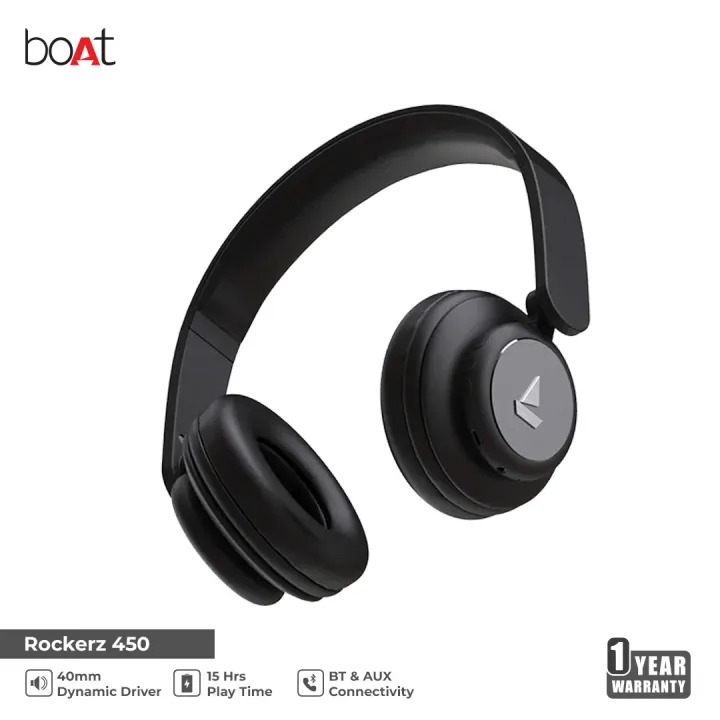 boAt Rockerz 450 Over Ear Bluetooth Headphones with Upto 15 Hours Playback, Adaptive Headband, 40mm Dynamic Driver, Integrated Controls and Dual Modes