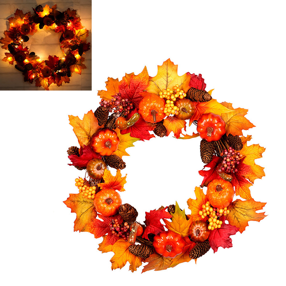Artificial Pumpkin Wreath Thanksgiving Harvest Maple Leaf Garland for Home Decor 