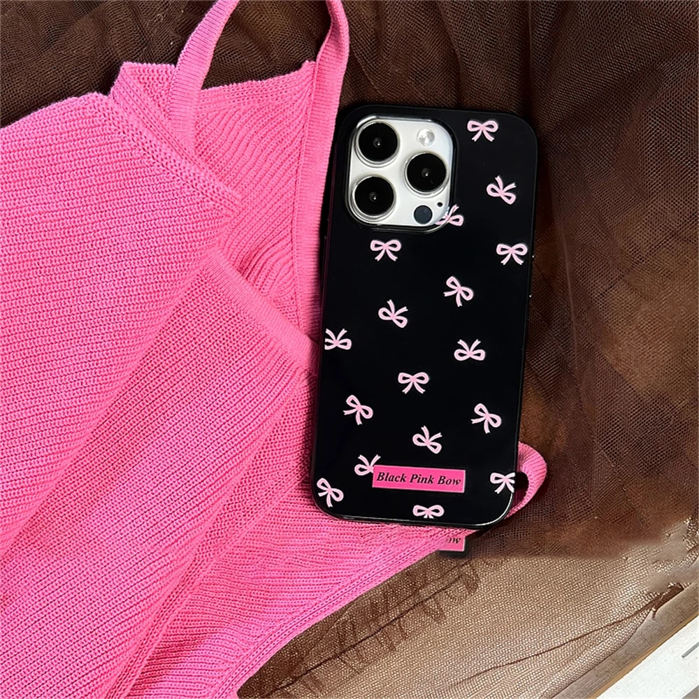 Korean Cute Hot Pink Bow Soft Silicone Case For iPhone 15 14 13 12 11 Pro Max X XR 7 8 Plus Glossy Shockproof Soft Black Cover. 