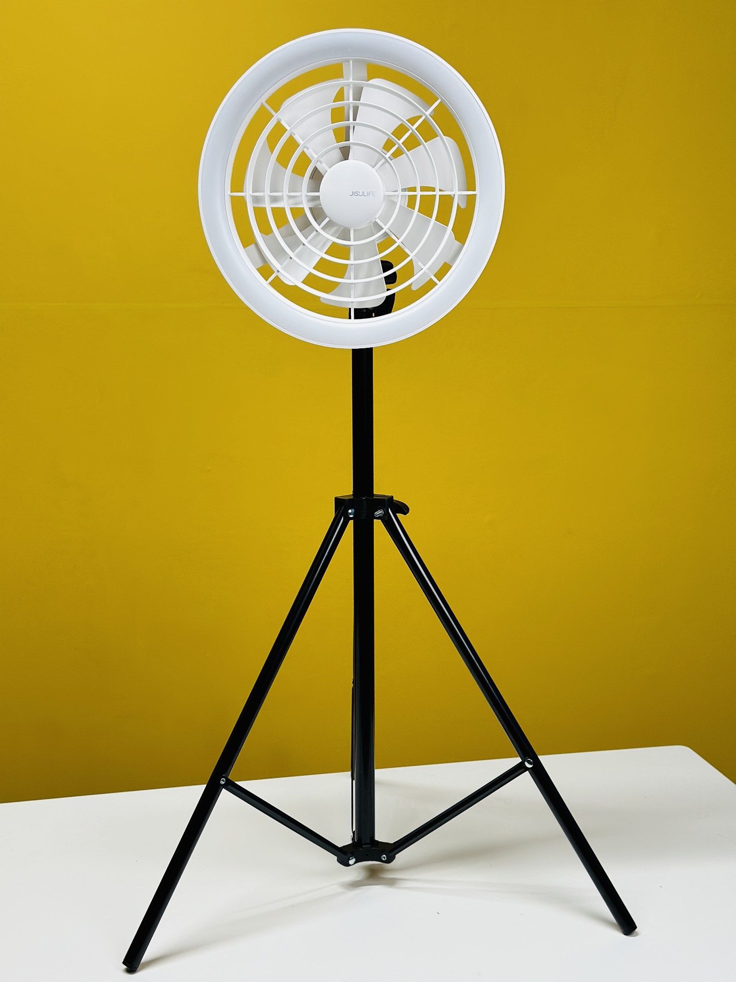 JISULIFE FA17 Rechargeable Fan with LED Ceiling Fan with Long Tripod Stand- White Color. 