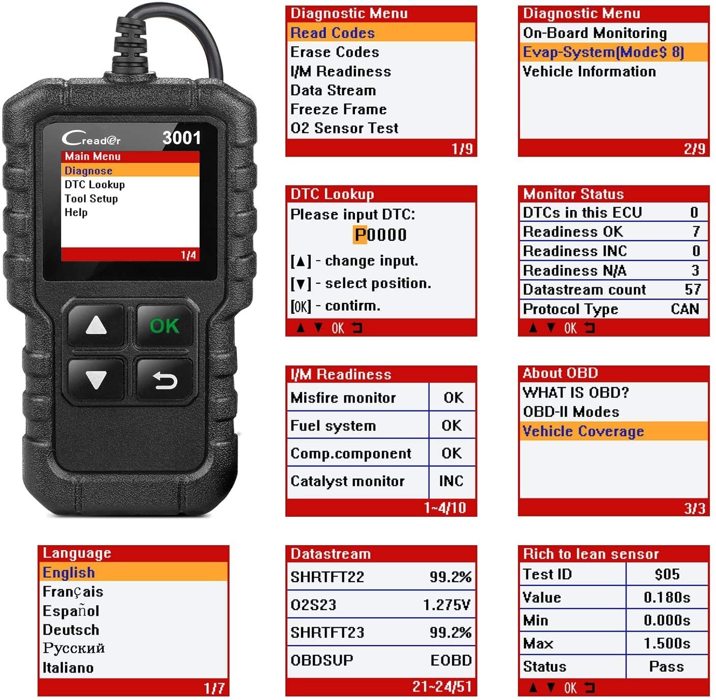 LAUNCH CR3001 Creader 3001 Code Reader V2.0 Lifetime Free update OBDII/EOBD Read Code Auto Diagnostic Tool DIY OBD Scanner KW590. 