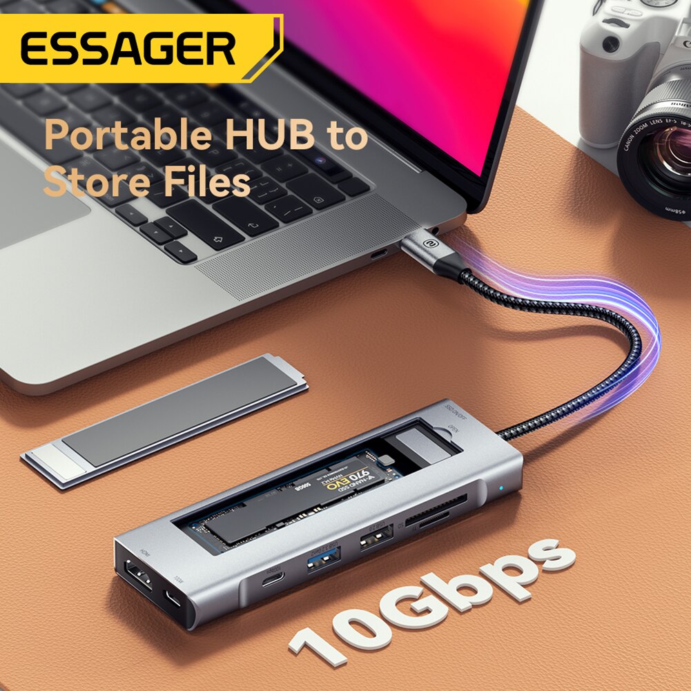Essager 8-in-1 USB Hub With Disk Storage Function USB Type-c to HDMI-Compatible Laptop Dock Station For Macbook Pro Air M1 M2. 