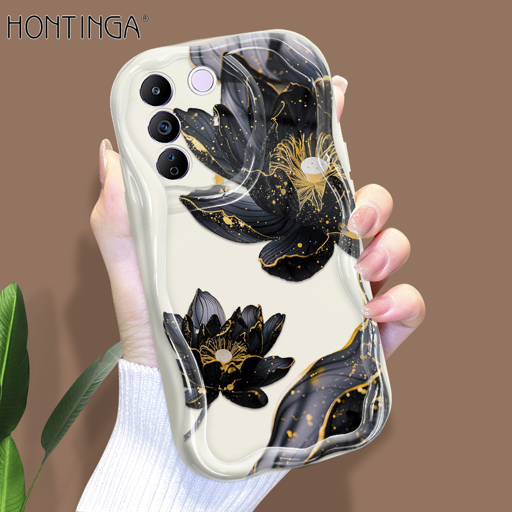 Hontinga for Vivo V27E Back Cover Luckly Lotus Flowers Phone Case Cream Texture Wavy Edge Soft Mobile Cover