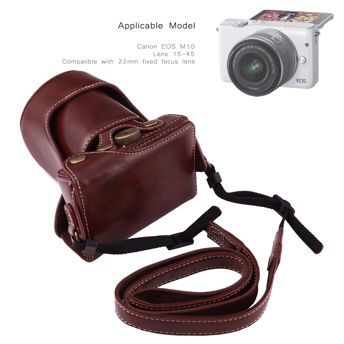 Full Body Camera PU Leather Case Bag with Strap for Canon EOS M10. 