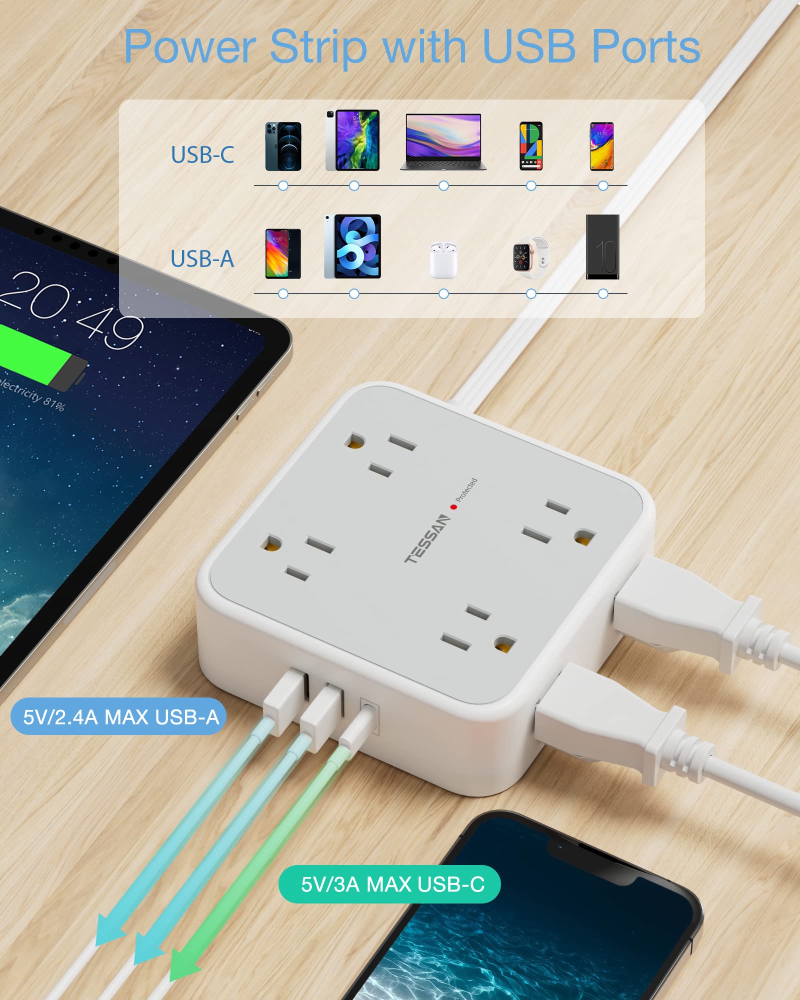TESSAN 5 ft/10 ft Flat Extension Cord Flat Plug Power Strip with 8 AC Outlets 3 USB (1 USB C), Surge Protector Power Strip. 