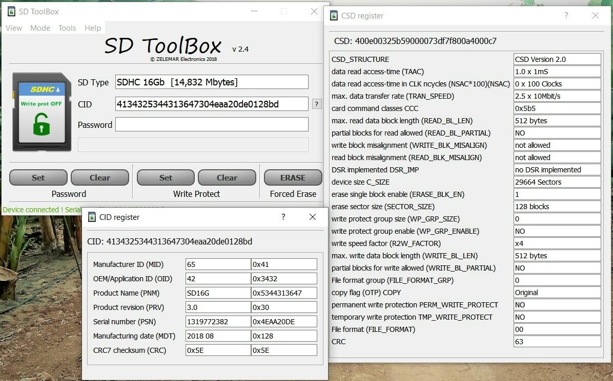 SD card toolbox Read CID/CSD set / remove password write protection,work with SD, SDHC SDXC cards security features. 