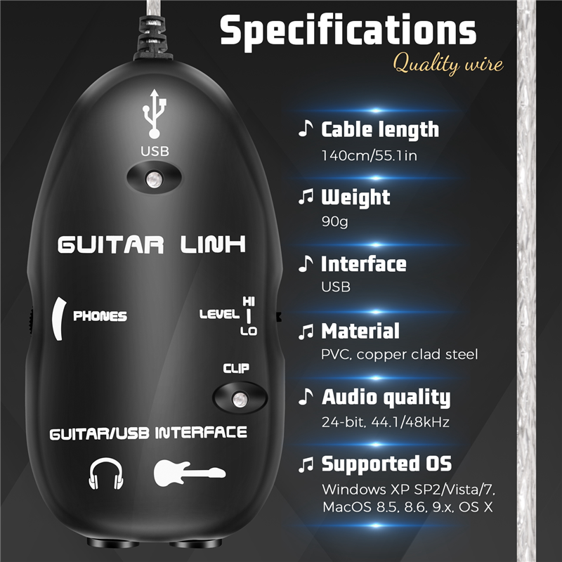 Guitar to USB Interface Link Cable Adapter /PC Recording CD Studio Laptop. 