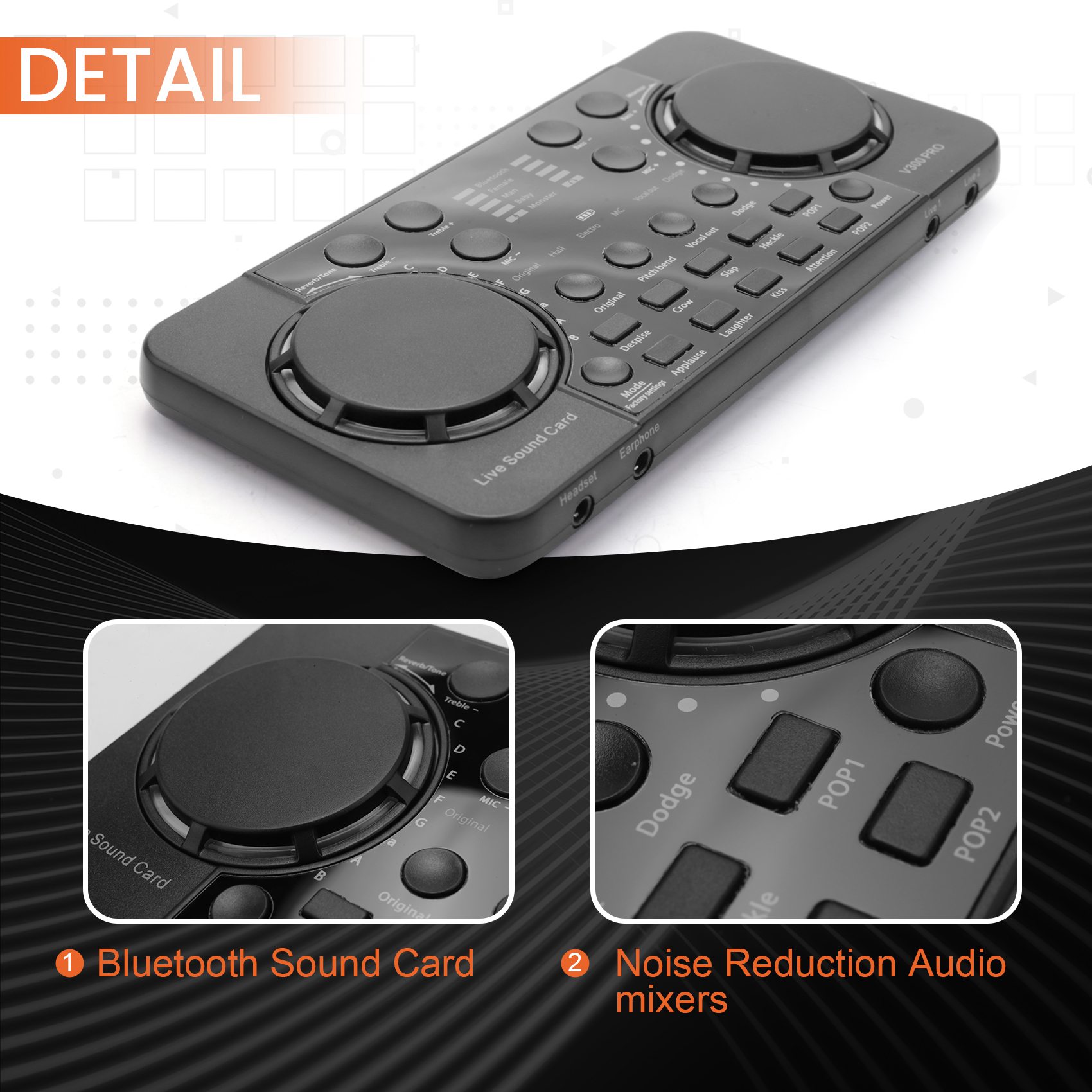 V300 PRO Sound Card 10 Sound Effects Bluetooth Noise Reduction Audio mixers Headset mic Voice Control for Phone PC. 