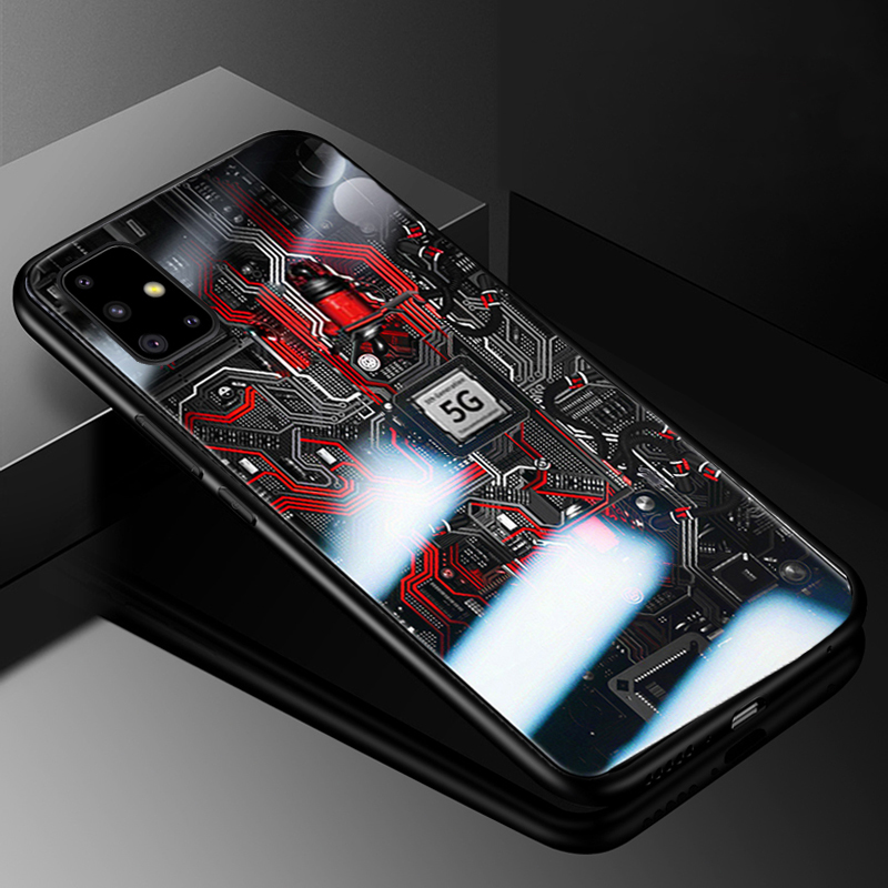 For Samsung Galaxy A51 Back Cover Version Theme Case Tempered Glass Protection shockproof Cover for Samsung A51 case Transparent Circuit Board Design Full Coverage Phone cases. 