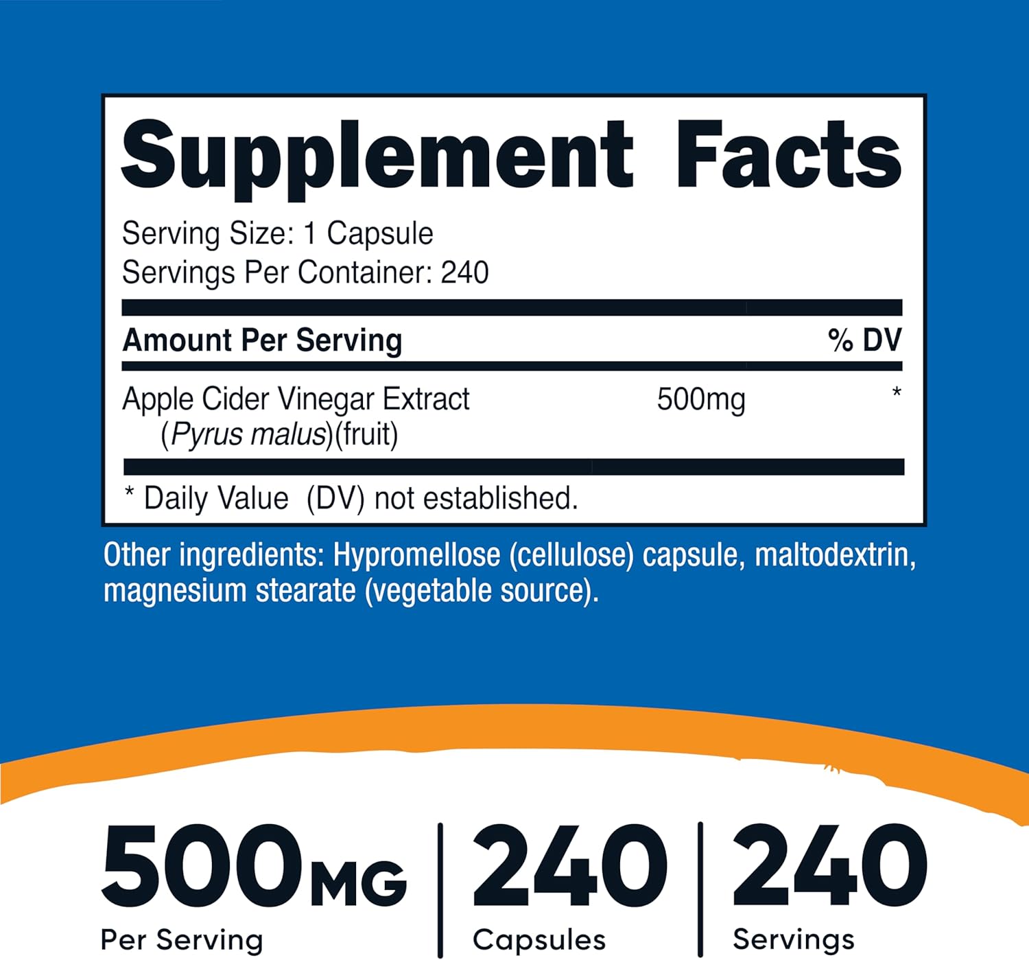 Nutricost Apple Cider Vinegar Capsules 500mg, 240 Vegetarian Capsules - Natural, Vegetarian, GMP, Non-GMO and Gluten Free. 