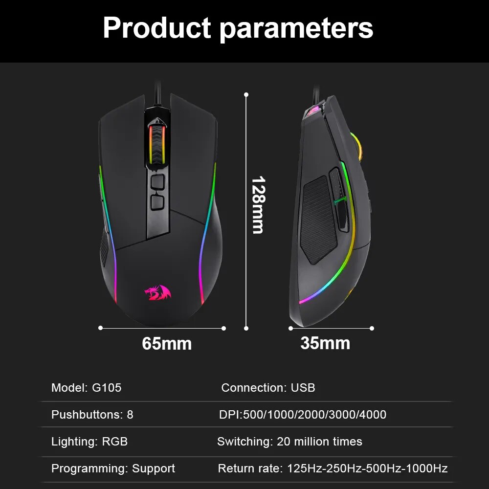 REDRAGON Lonewolf G105 RGB USB Wired Gaming Mouse 8000 DPI 8 buttons mice Programmable ergonomic For Computer Laptop PC Gamer. 