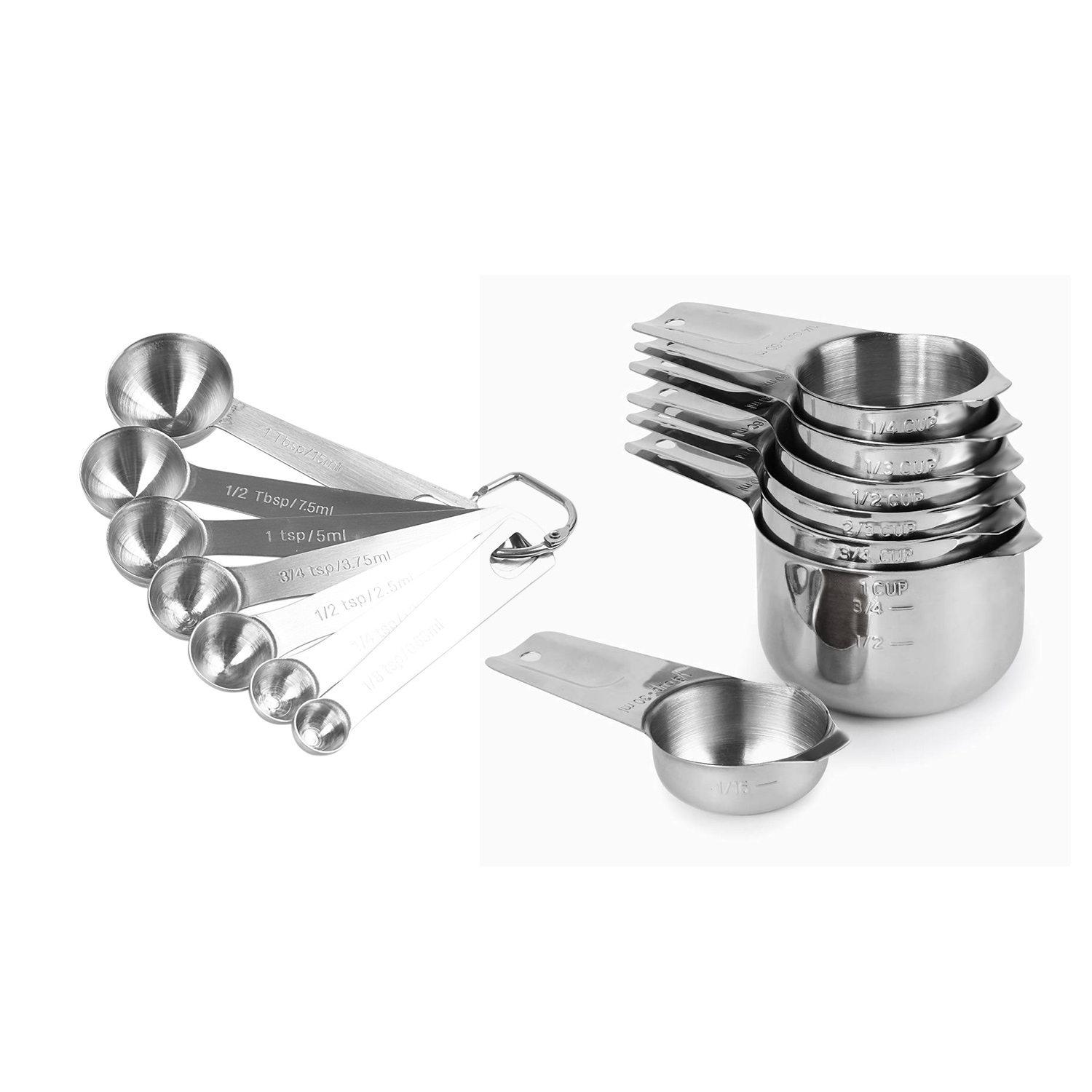 2 Set Measuring Cups Set of 7 with 1/8 Cup Coffee Scoop, Stainless Steel Metal Measuring Cup, 7 Piece Stackable Set with Spout - A & B. 