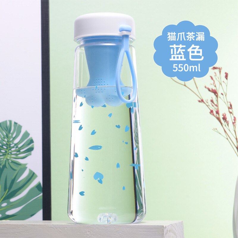 Kawaii Cat Paw Cup Cute Plastic Water Bottle with cat claw Infuser Strainer Filter 550ml for Drinkware Portable Drinking Bottle. 