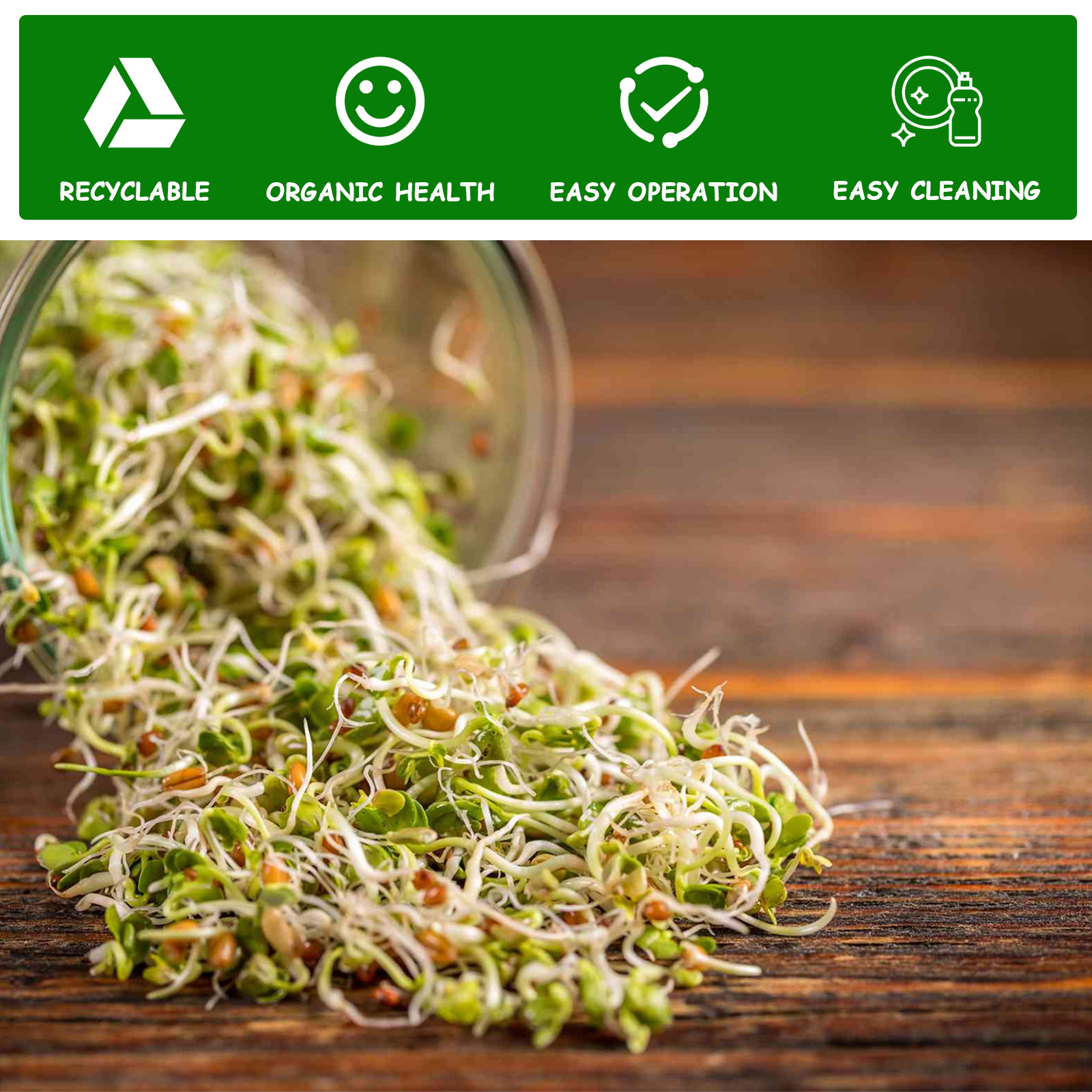 Seed Sprouting Jar Kit Durable Glass Bean Sprouts Growing Kit with Stainless Steel Screen Sprout Lids Stands Shading Cloths Tray. 