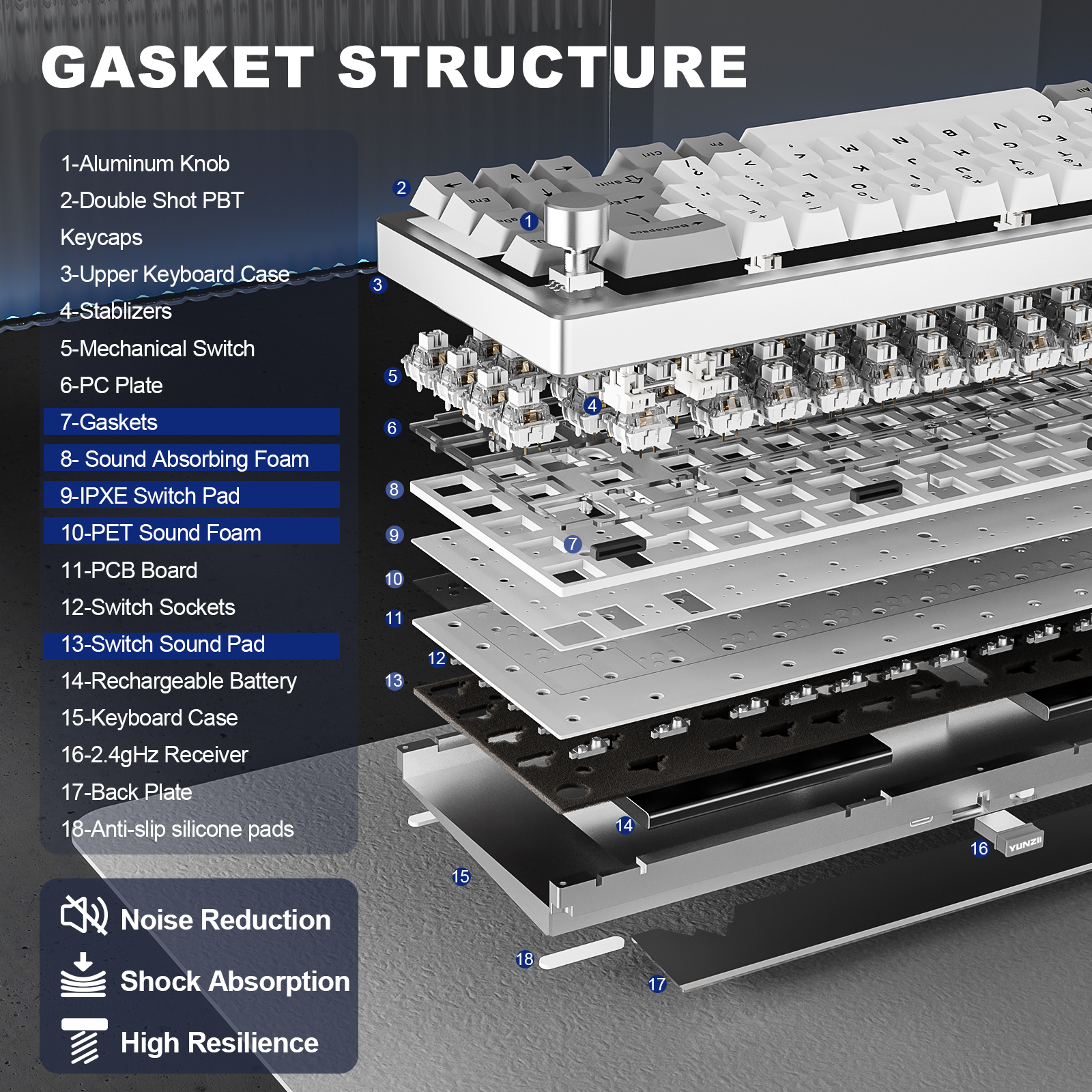 YUNZII AL68 Silver Wireless Custom Mechanical Keyboard, QMK/VIA Aluminum Keyboard, Hot Swap Gasket Gaming Keyboard with Knob. 
