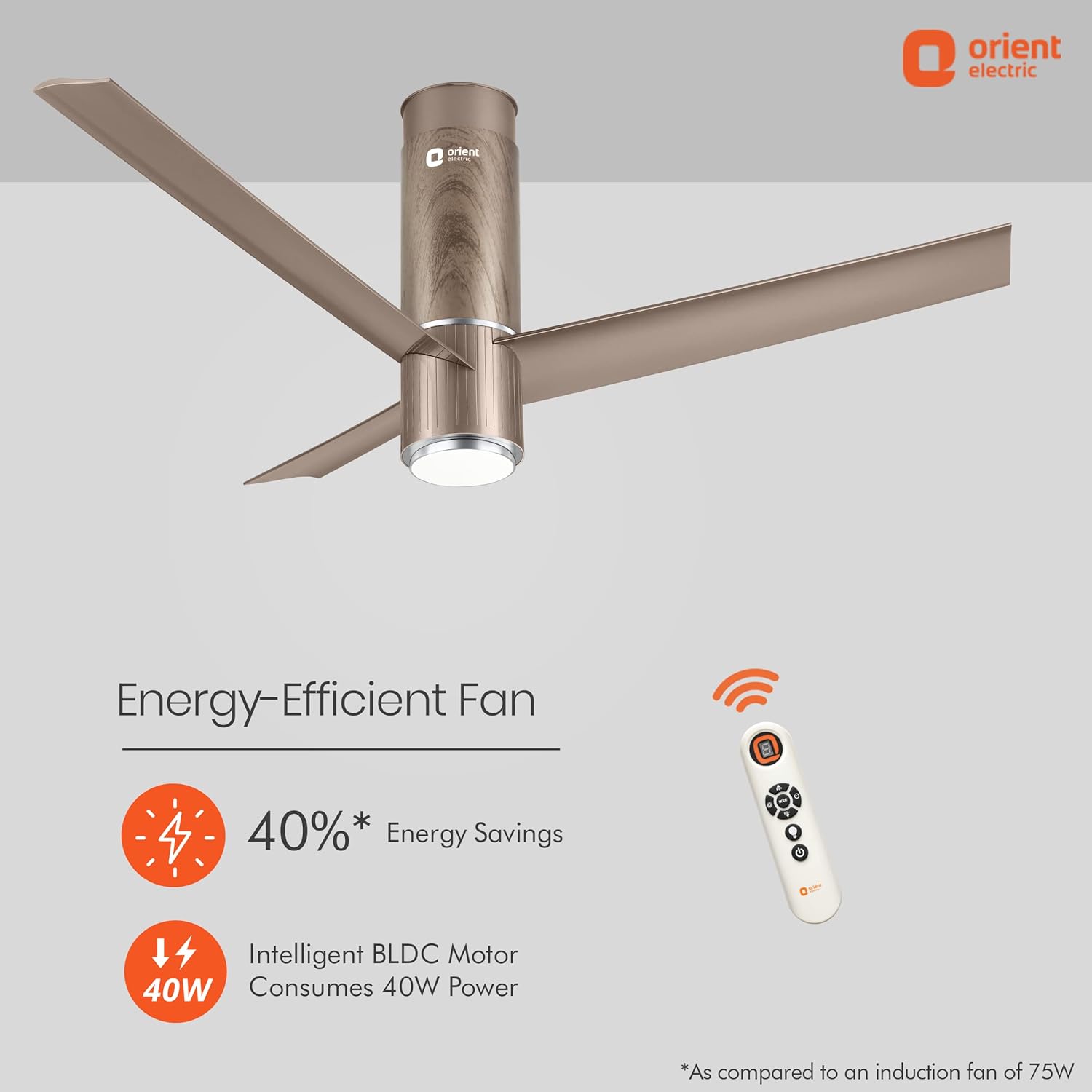Orient Aeroslim BLDC Motor 48" Smart Inverter Ceiling Fan with IOT, Remote & Under Light (Brown). 