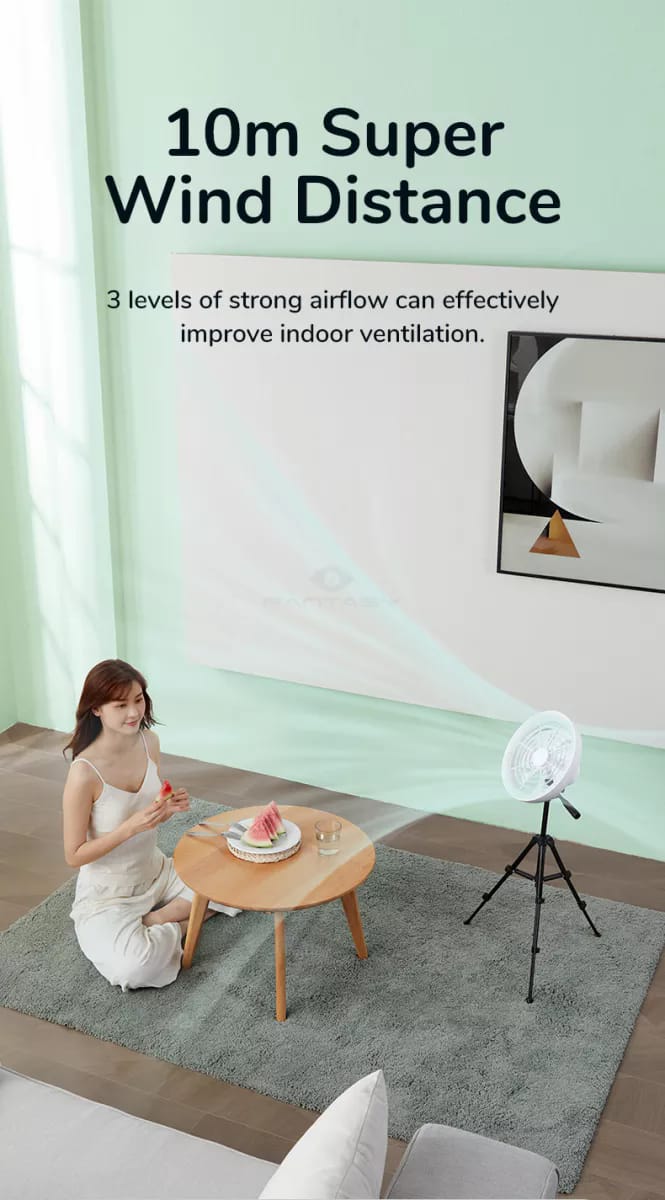 JISULIFE FA17 Rechargeable Fan with LED Ceiling Fan with Long Tripod Stand- White Color. 