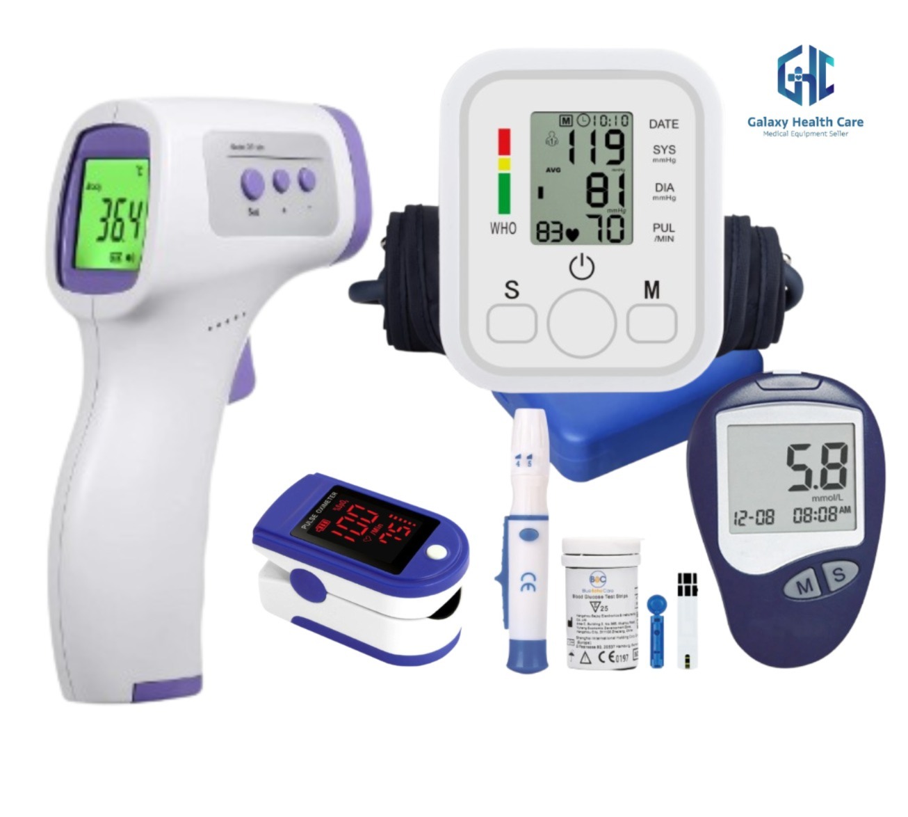 Oximetar and Thermometer and Blood Glucose Meters and Blood Pressure Monitor 4 in1 Health care Kits Home Office