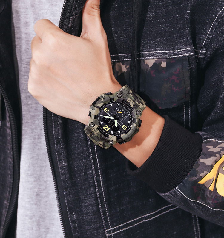 SKMEI 1637 Army Green Camouflage PU Dual Time Watch For Unisex - Army Green Camouflage. 