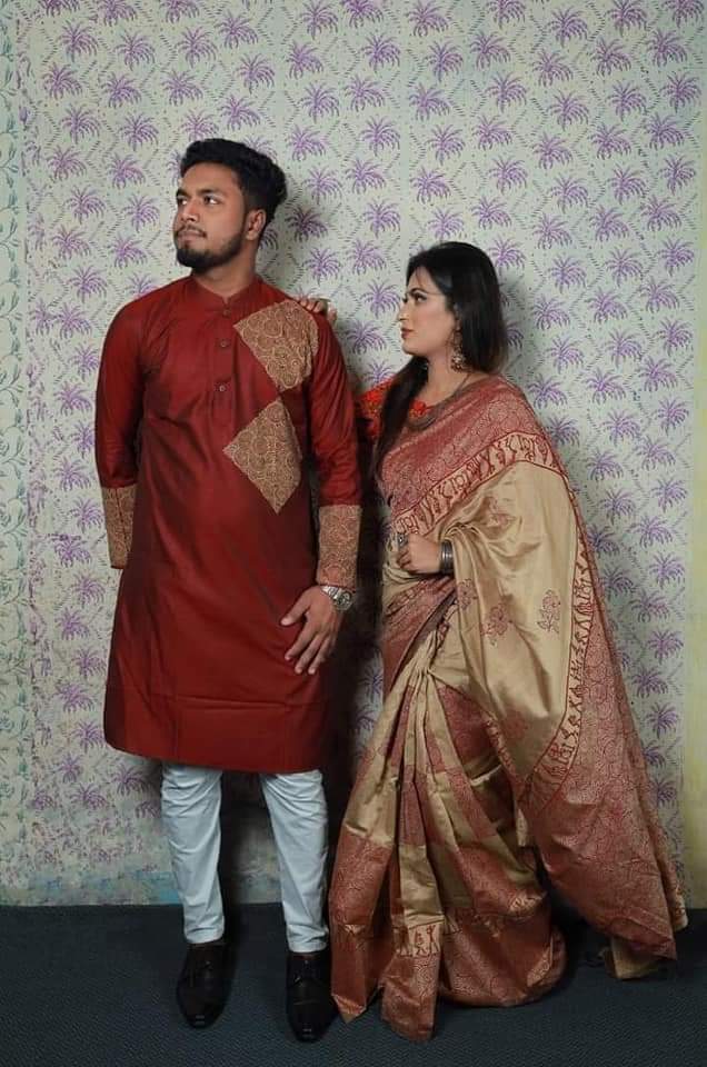 Occasional Dress/Couple Set/Matching Dress/Traditionally Dress/Sari And Panjabi- Block Print Saree & Panjabi - Sari - Saree - শাড়ি
