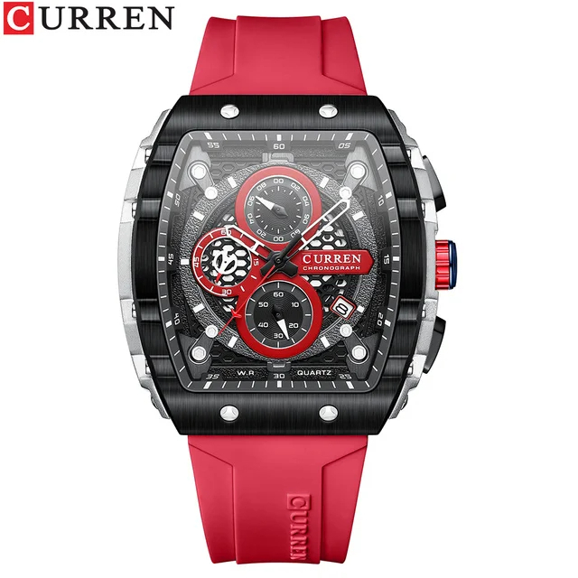 CURREN 8442 Multi-function Chronograph Men Watch Silicone Band Sports Luminous Calendar Quartz Watches-Red. 