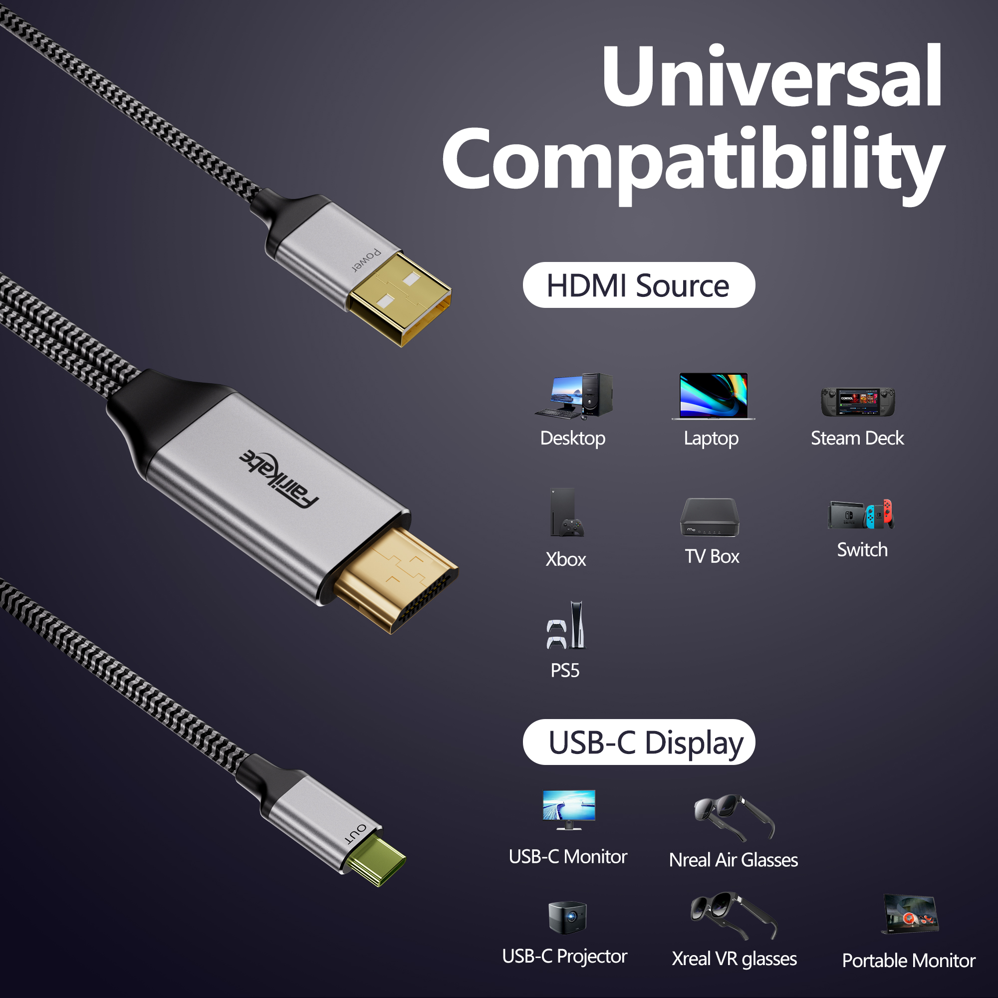 HDMI to C Type Cable 4K60Hz HDMI Adapter HDMI to USB C Cable for PS5 Switch Steam Xbox to Xreal Air Nreal Air Portable Monitor. 